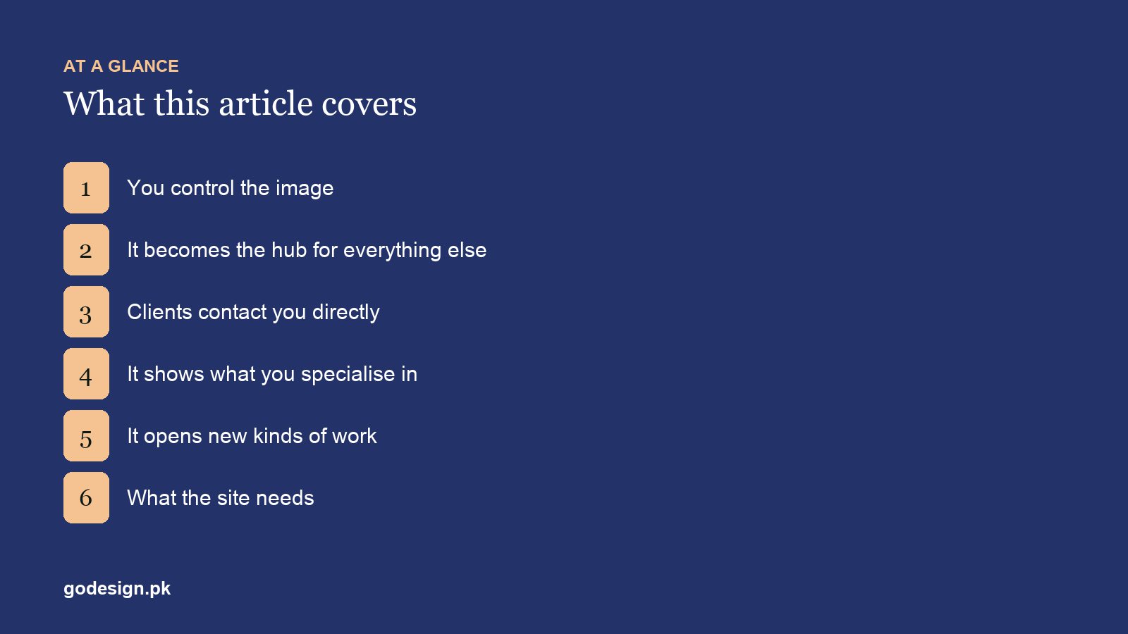 At a glance: the sections of 5 Reasons a Designer Needs a Personal Website (Not Just a Profile)