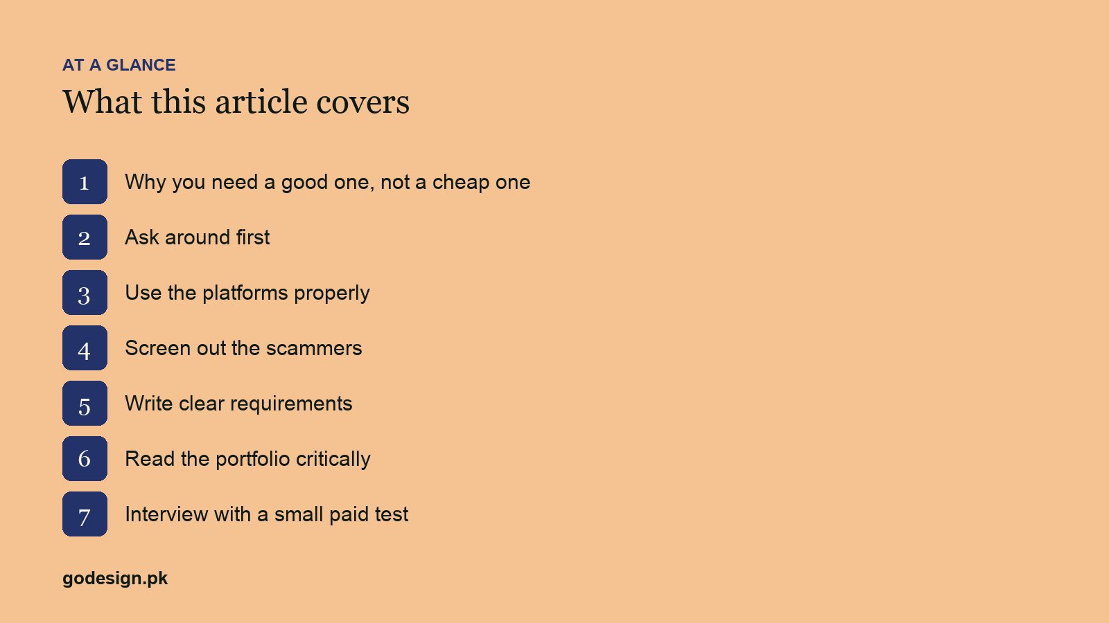 At a glance: the sections of How to Find and Hire Good Freelancers: 6 Tips for Businesses