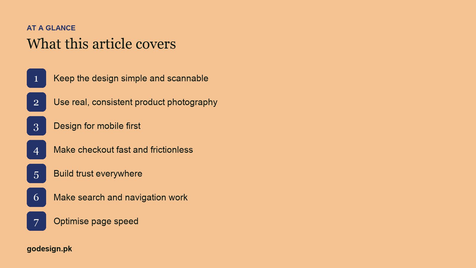 At a glance: the sections of 7 Ecommerce Design Rules That Increase Sales