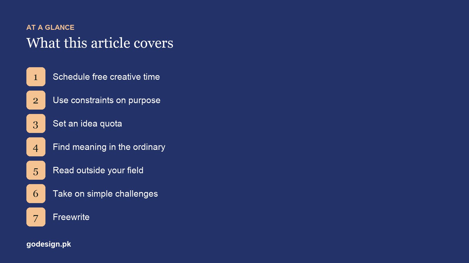 At a glance: the sections of 7 Creativity Exercises That Actually Work for Designers