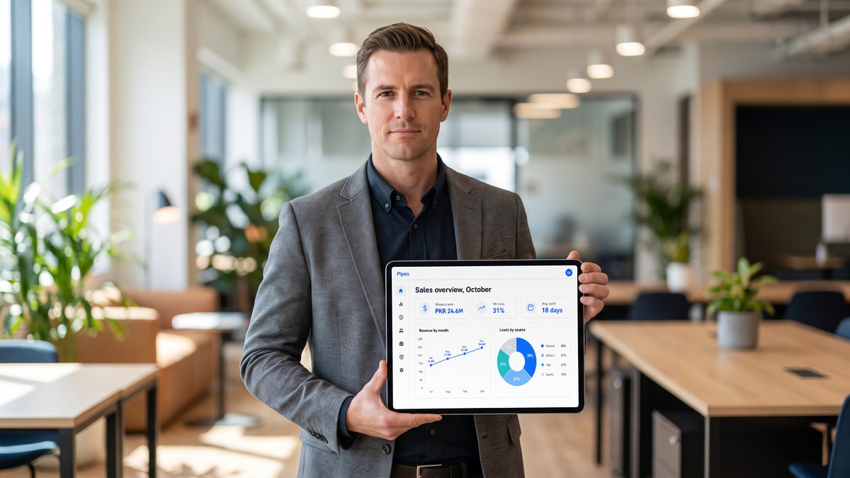 Sales manager in a co-working space holding a tablet that shows a sales dashboard with revenue growth and lead sources