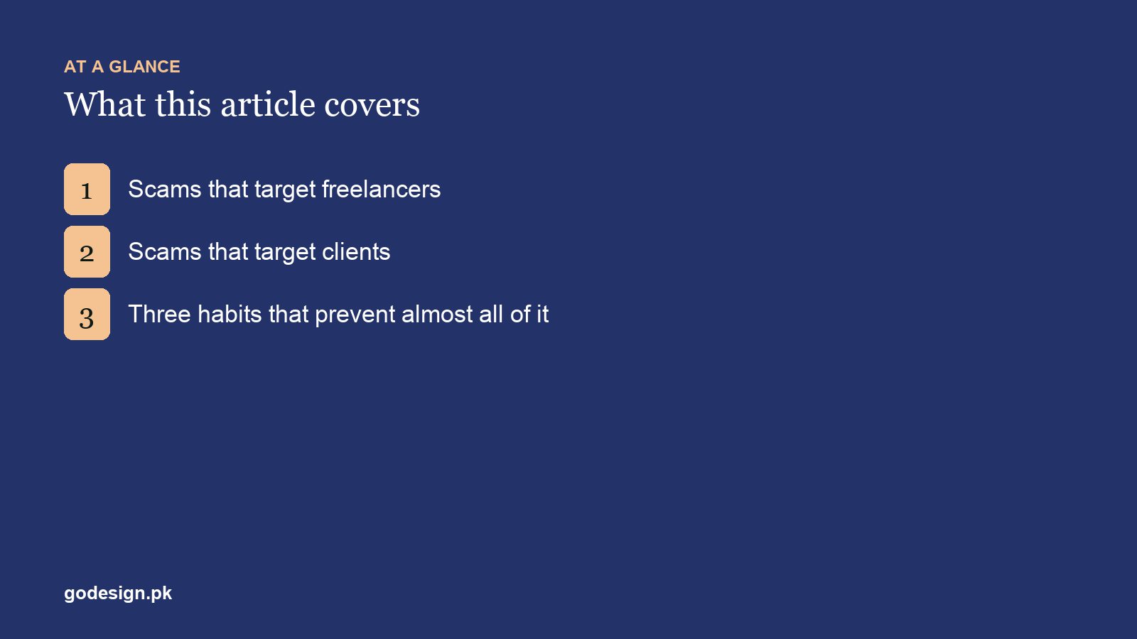 At a glance: the sections of How to Avoid Freelancing Scams: The Patterns and the Protections