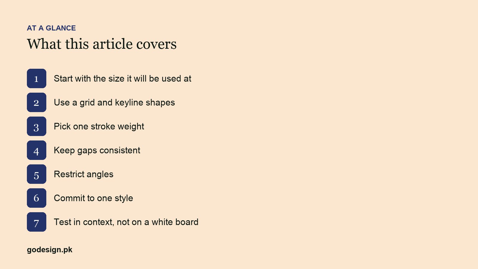 At a glance: the sections of Icon Design: 7 Rules for Icons That Read at Any Size