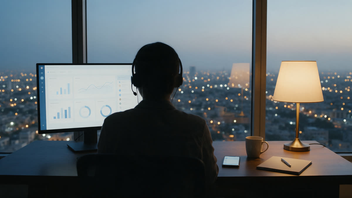 Support agent in a headset at a Karachi internet provider's desk in the evening, reviewing a calm support dashboard of charts and a short conversation list, with city lights through the window