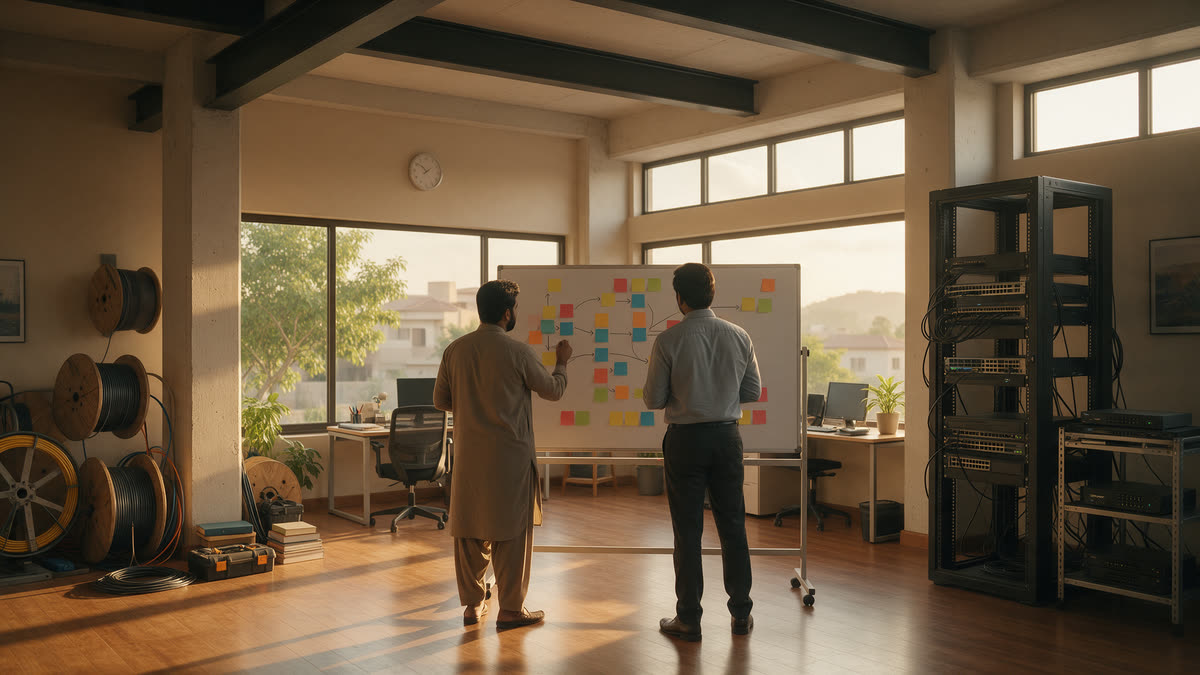 Two staff at a fibre broadband office in Islamabad mapping a subscriber support flow with coloured cards on a whiteboard, with cable drums and a network rack beside them