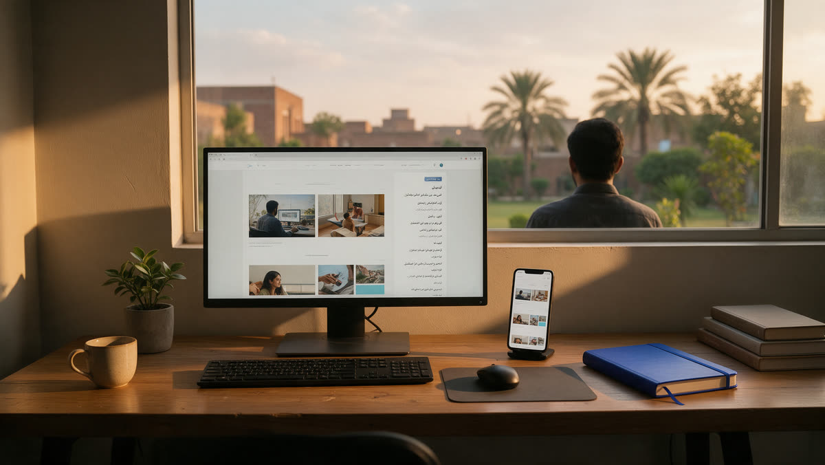 Developer's desk in Lahore with a finished bilingual WordPress site on a monitor and a phone