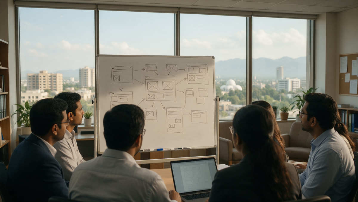 Web team in an Islamabad office planning a WordPress site with wireframes on a whiteboard