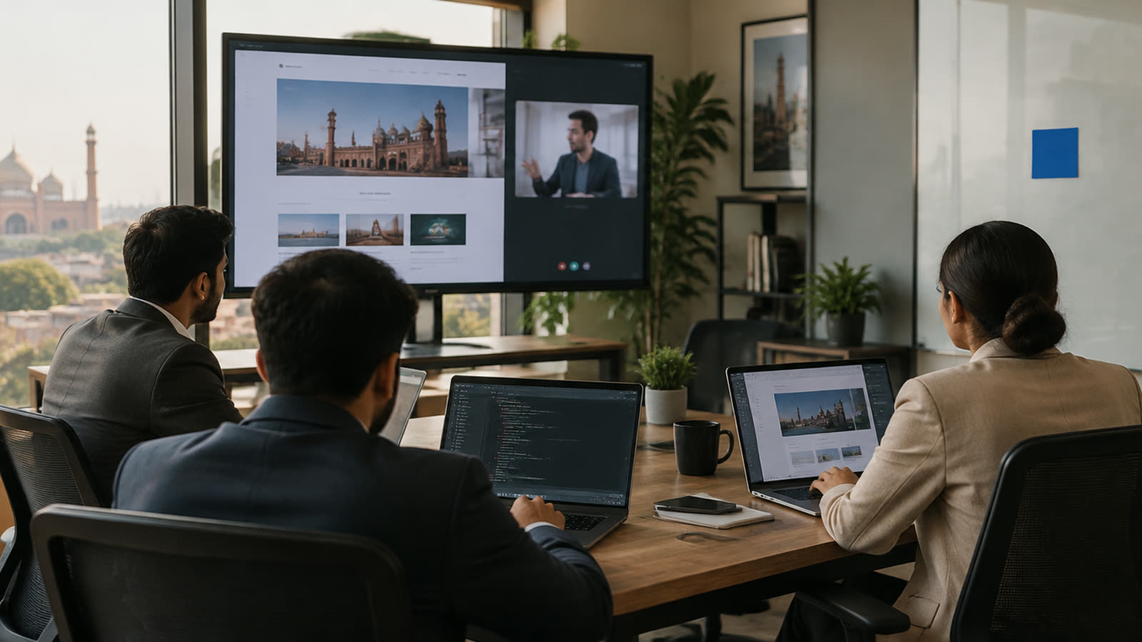 WordPress developers in a Lahore office on a video call with a Dubai client, reviewing the website layout